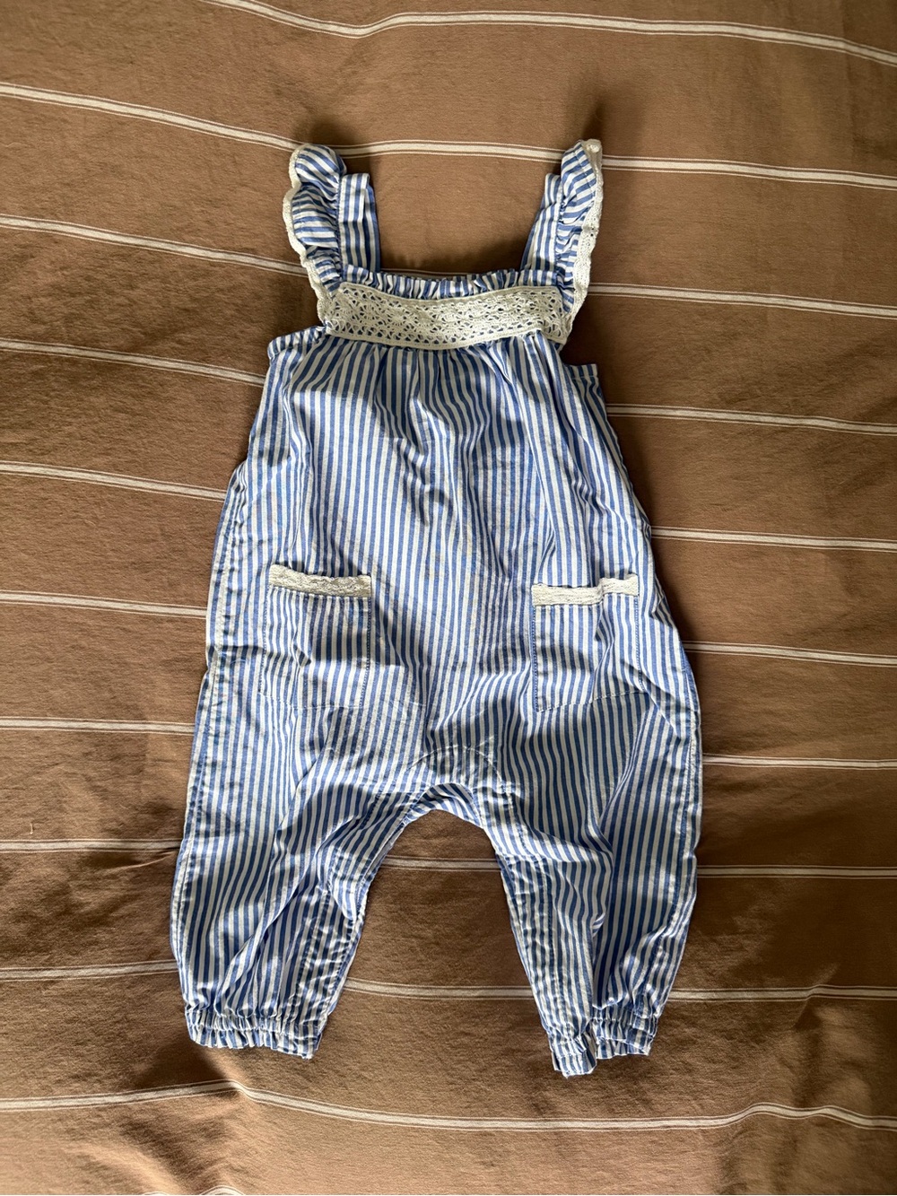 Baby GAP Blue & White Striped Romper with Lace Trim